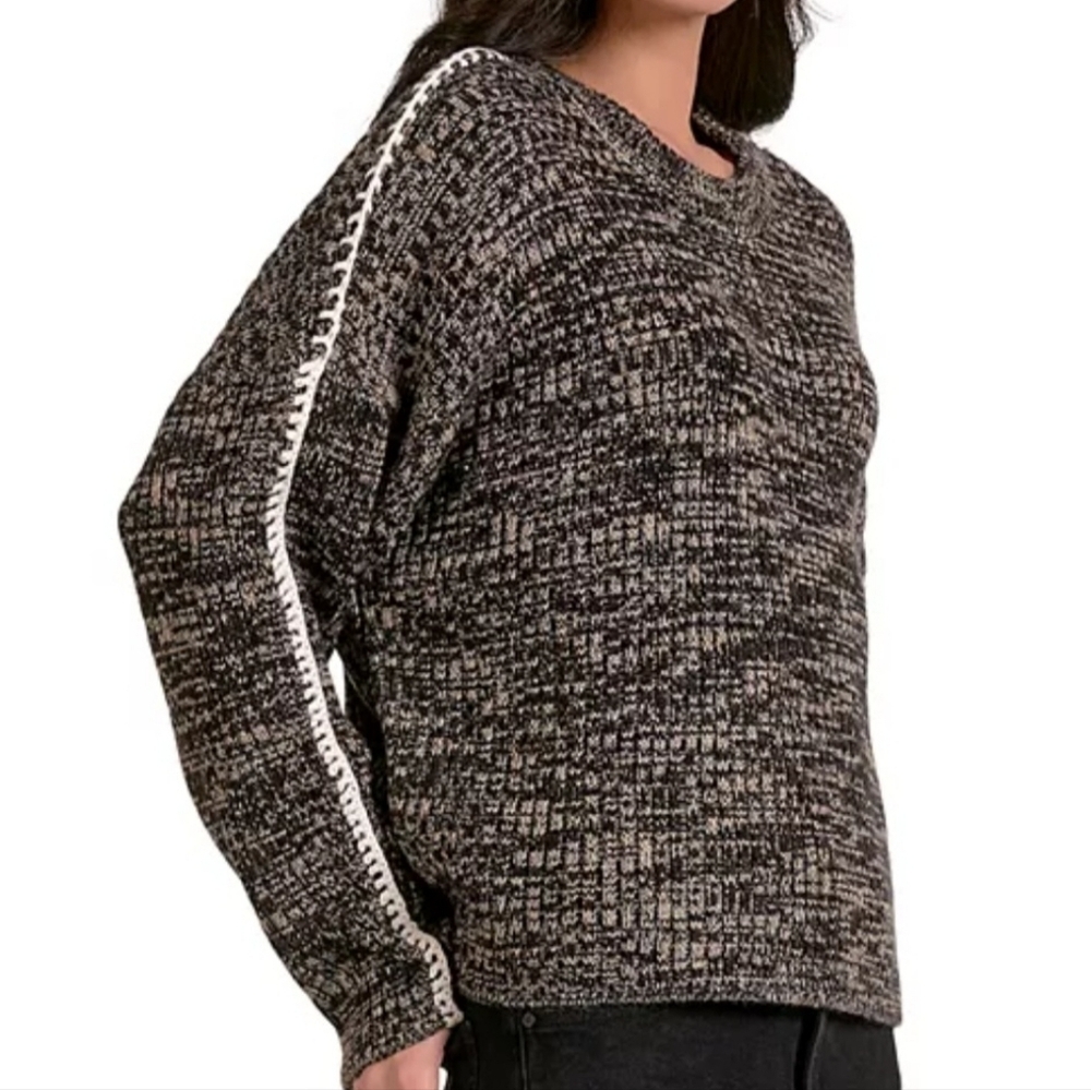 Elan Wool-Blend Crew-Neck Knit Sweater- Black & Cream